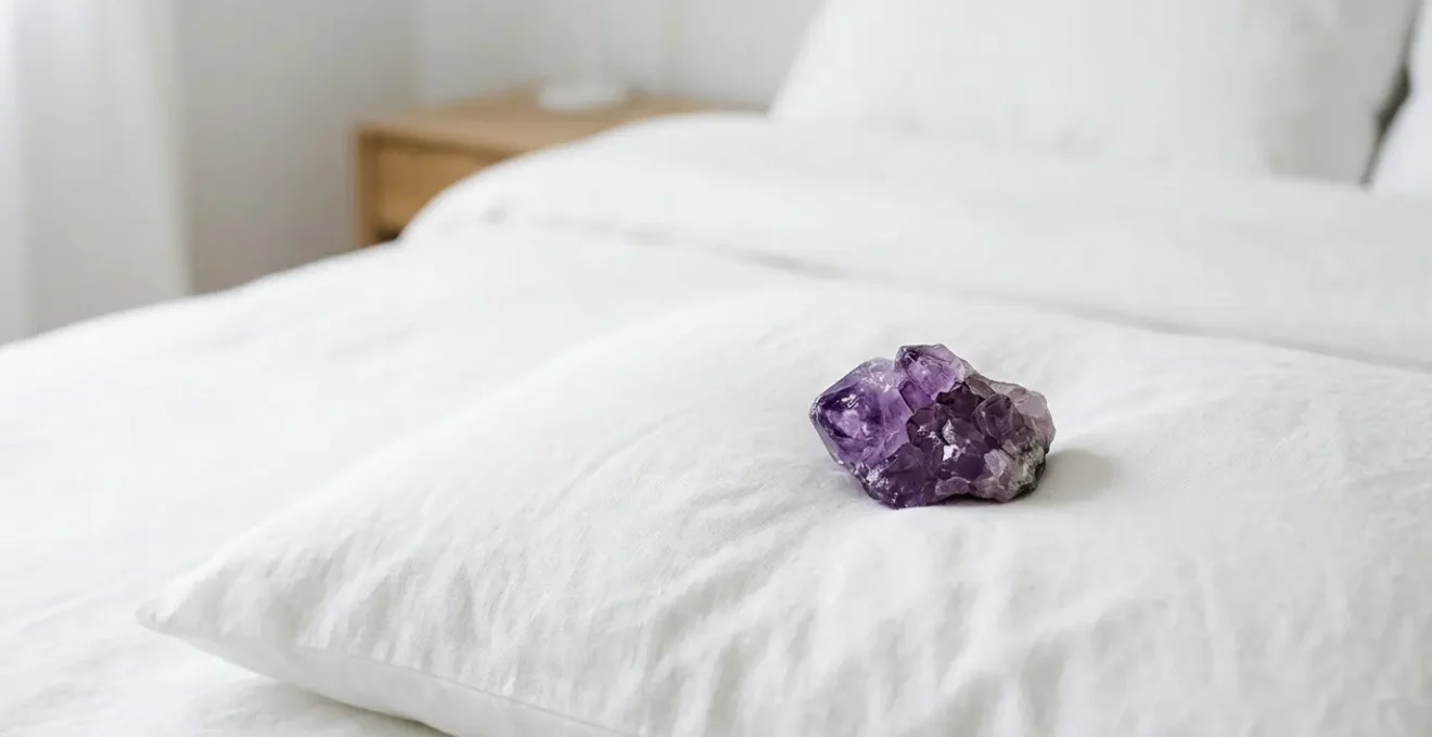 Pierre d'améthyste violette délicatement posée sur un oreiller blanc pour favoriser le sommeil réparateur