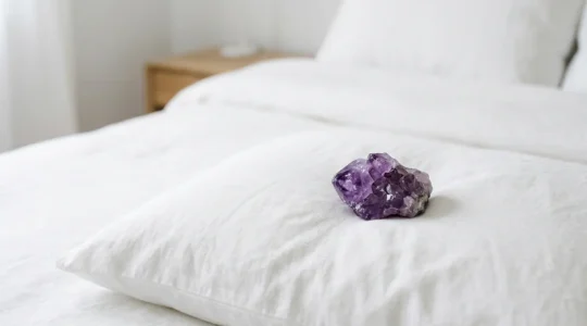 Pierre d'améthyste violette délicatement posée sur un oreiller blanc pour favoriser le sommeil réparateur