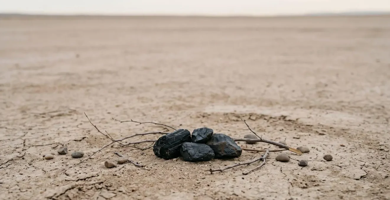 Composition minimaliste évoquant l'ancrage terrestre avec pierres sombres et éléments naturels bruts sur fond neutre