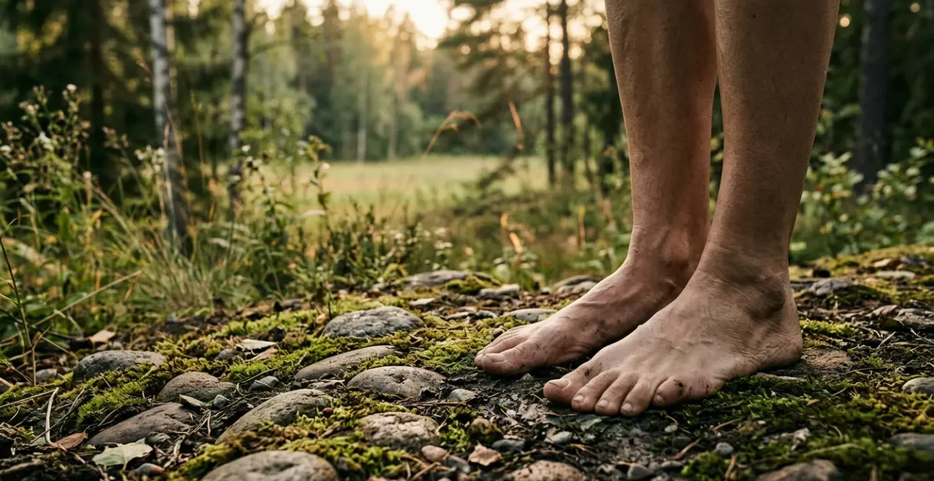 Personne pratiquant l'ancrage tellurique pieds nus dans un environnement naturel apaisant