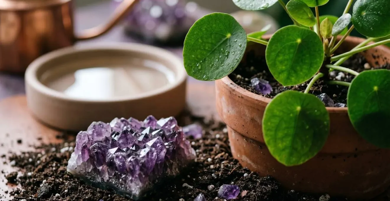 Composition feng shui harmonieuse associant améthyste et plante verte pour activer l'abondance