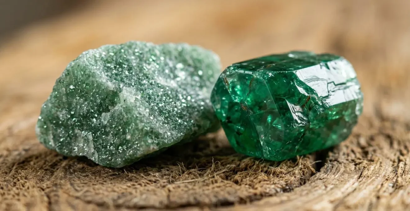 Gros plan macro des textures cristallines de l'aventurine et de l'émeraude pour la lithothérapie