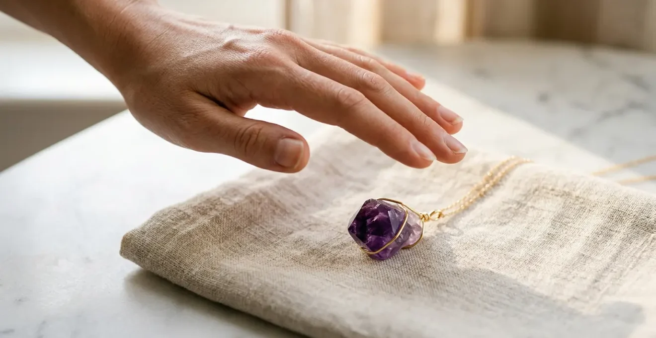 Bijou pendentif en pierres naturelles charge d'intention sur fond calme