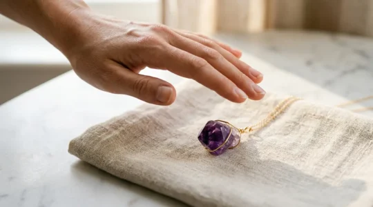 Bijou pendentif en pierres naturelles charge d'intention sur fond calme