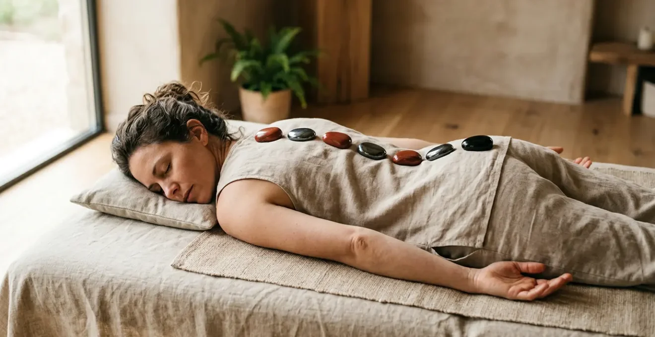 Personne en position de méditation avec pierres naturelles disposées le long de la colonne vertébrale pour soulager les douleurs dorsales