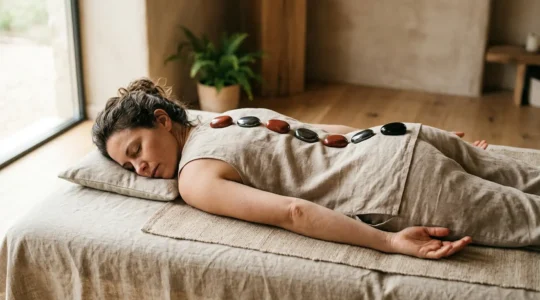 Personne en position de méditation avec pierres naturelles disposées le long de la colonne vertébrale pour soulager les douleurs dorsales