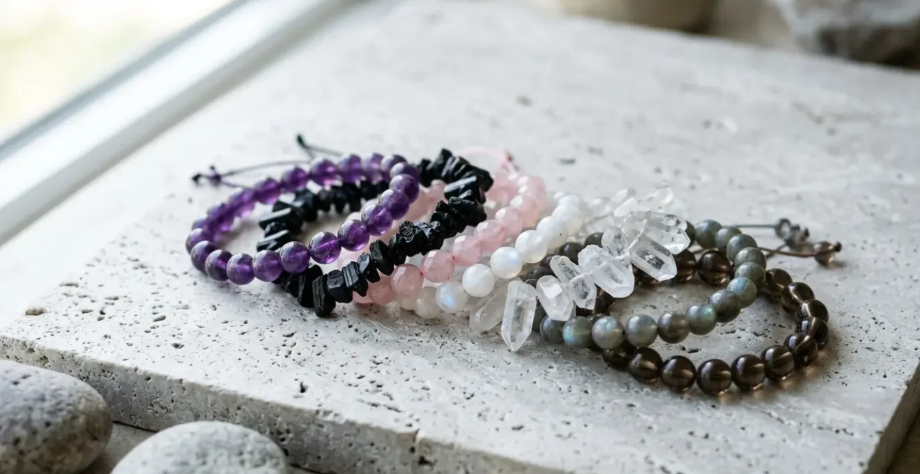 Composition de plusieurs bracelets en pierres naturelles empilés harmonieusement évoquant l'équilibre énergétique