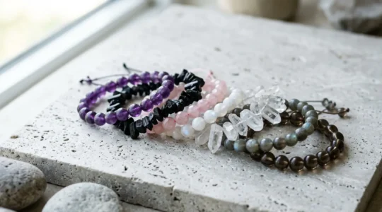 Composition de plusieurs bracelets en pierres naturelles empilés harmonieusement évoquant l'équilibre énergétique