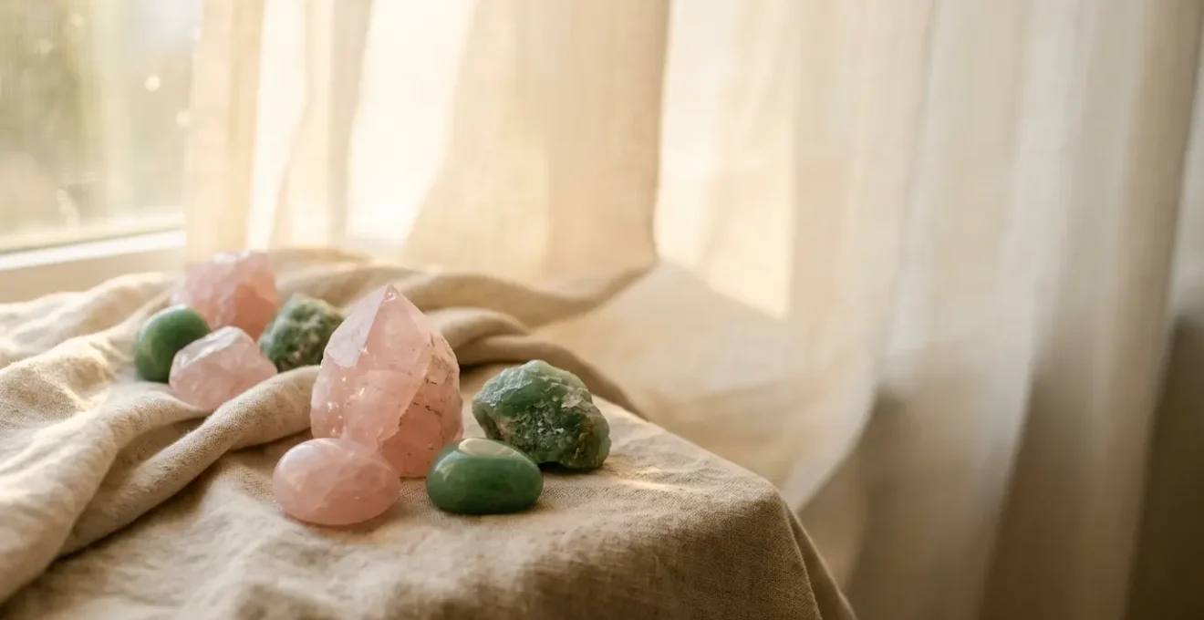 Mise en scène apaisante de pierres roses et vertes de lithothérapie pour le chakra du cœur