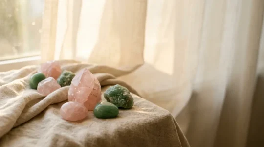 Mise en scène apaisante de pierres roses et vertes de lithothérapie pour le chakra du cœur