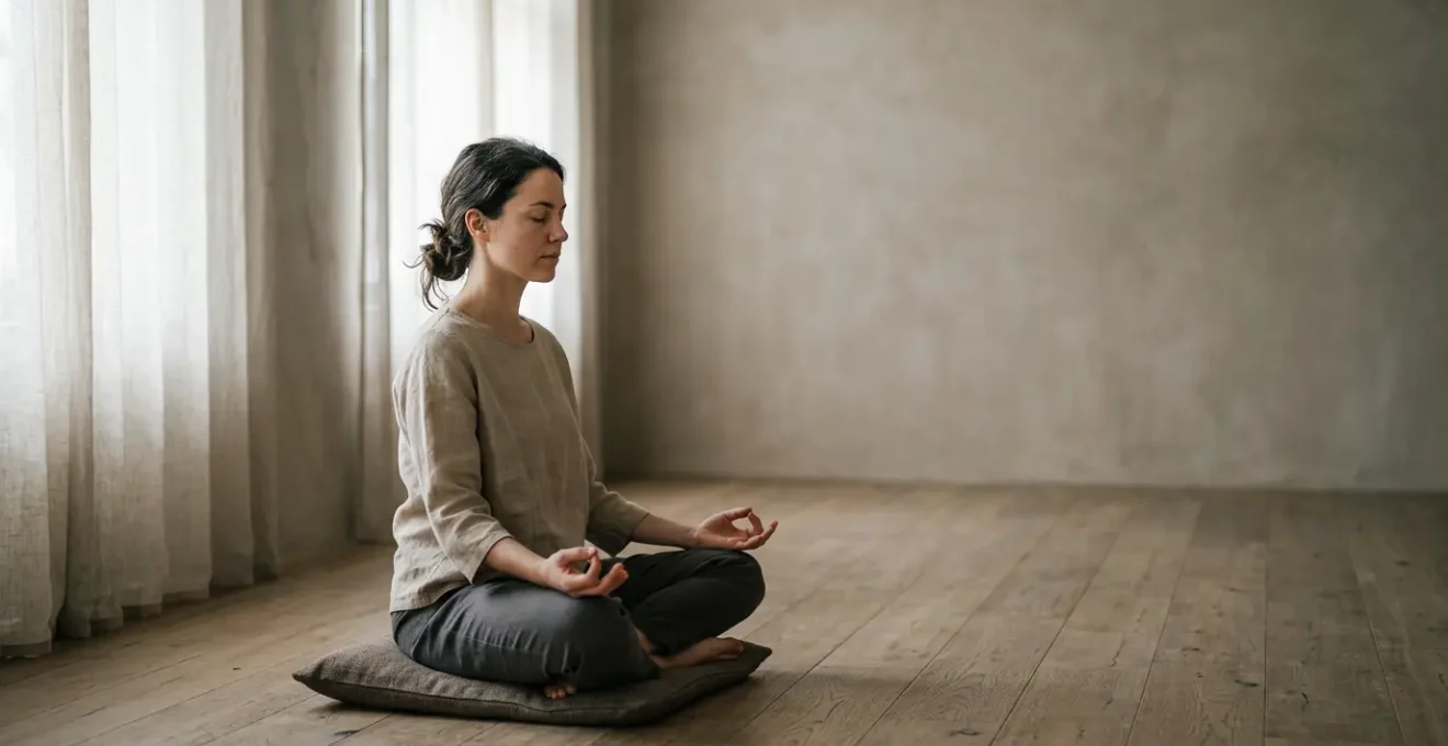 Personne assise en meditation les yeux fermes avec une sensation de deconnexion spirituelle et de vide interieur