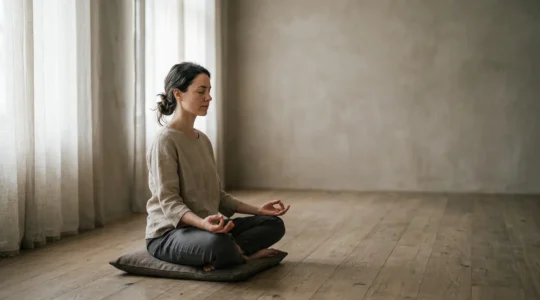 Personne assise en meditation les yeux fermes avec une sensation de deconnexion spirituelle et de vide interieur