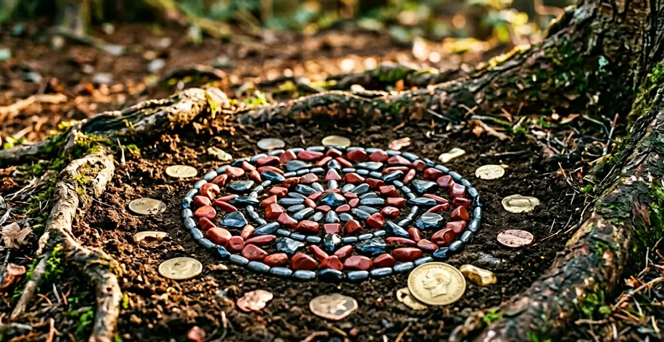 Composition symbolique évoquant l'ancrage énergétique et la sécurité matérielle par les pierres naturelles