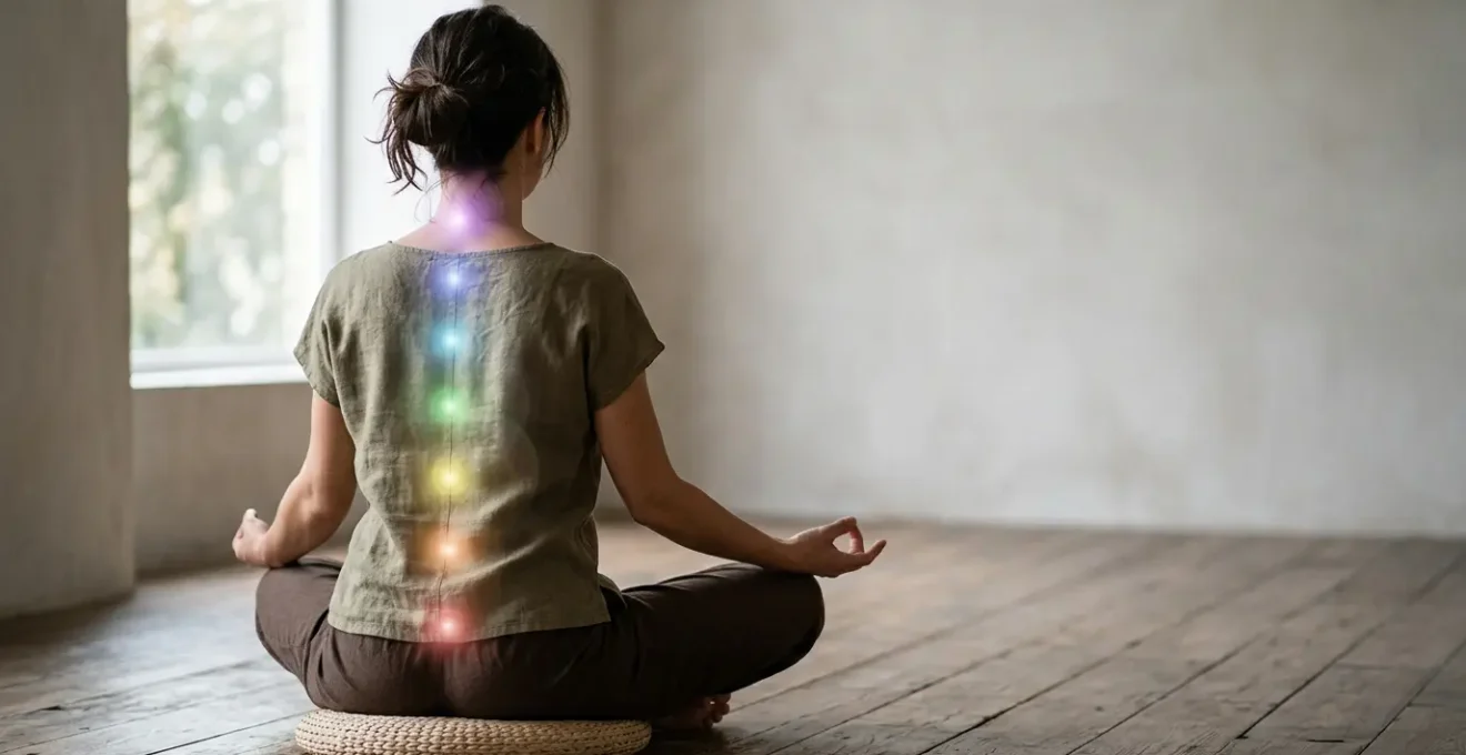 Personne en méditation avec visualisation énergétique des sept chakras le long de la colonne vertébrale