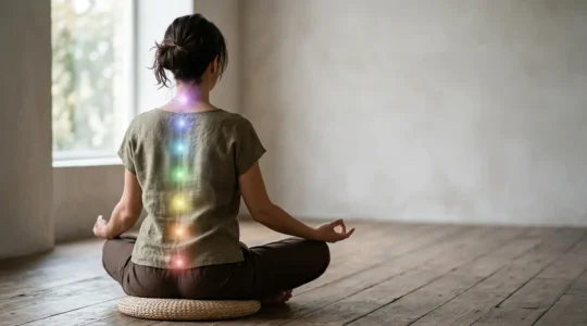 Personne en méditation avec visualisation énergétique des sept chakras le long de la colonne vertébrale