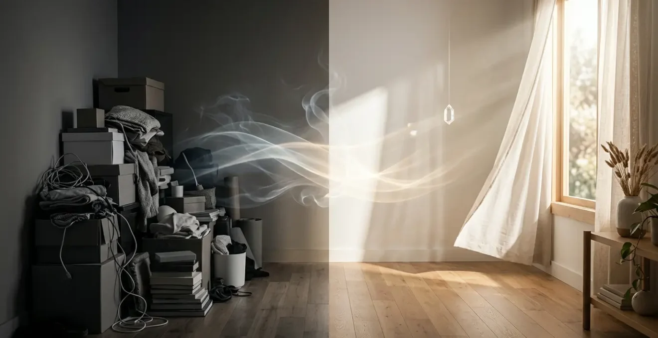 Espace de vie harmonieux montrant la libre circulation de l'énergie après désencombrement feng shui