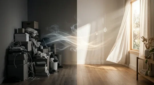 Espace de vie harmonieux montrant la libre circulation de l'énergie après désencombrement feng shui
