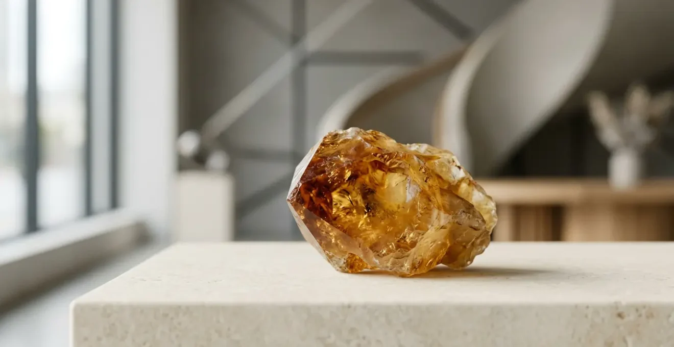 Pierre de citrine naturelle jaune doré rayonnante évoquant confiance et assurance en contexte professionnel