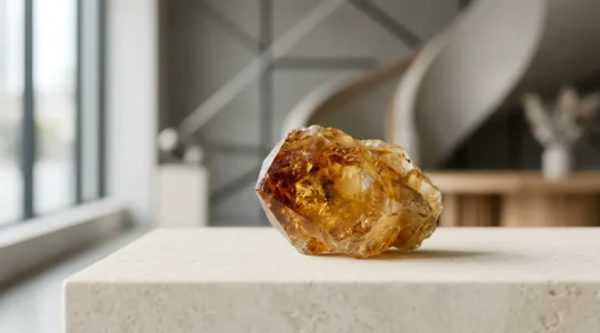 Pierre de citrine naturelle jaune doré rayonnante évoquant confiance et assurance en contexte professionnel