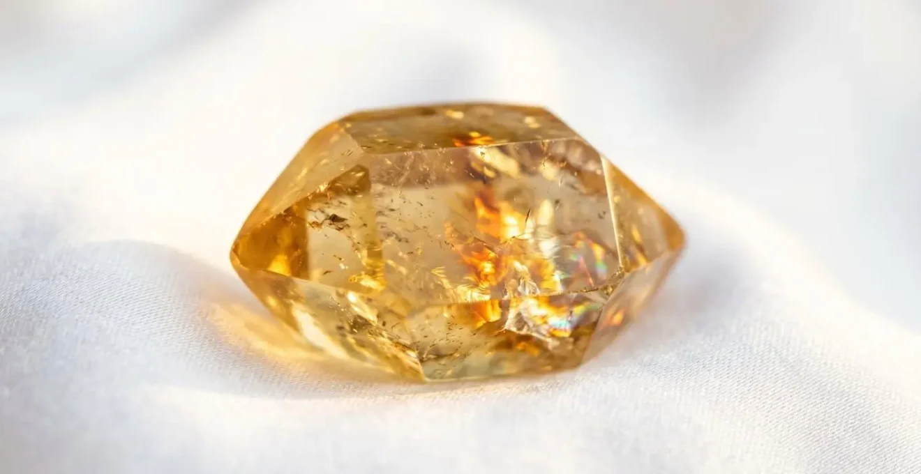 Pierre de citrine dorée baignée dans la lumière douce du lever de soleil