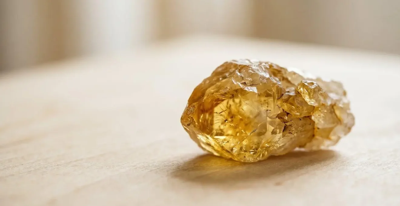 Pierre de citrine brute dorée sur surface épurée avec éclairage dramatique créant des ombres dynamiques