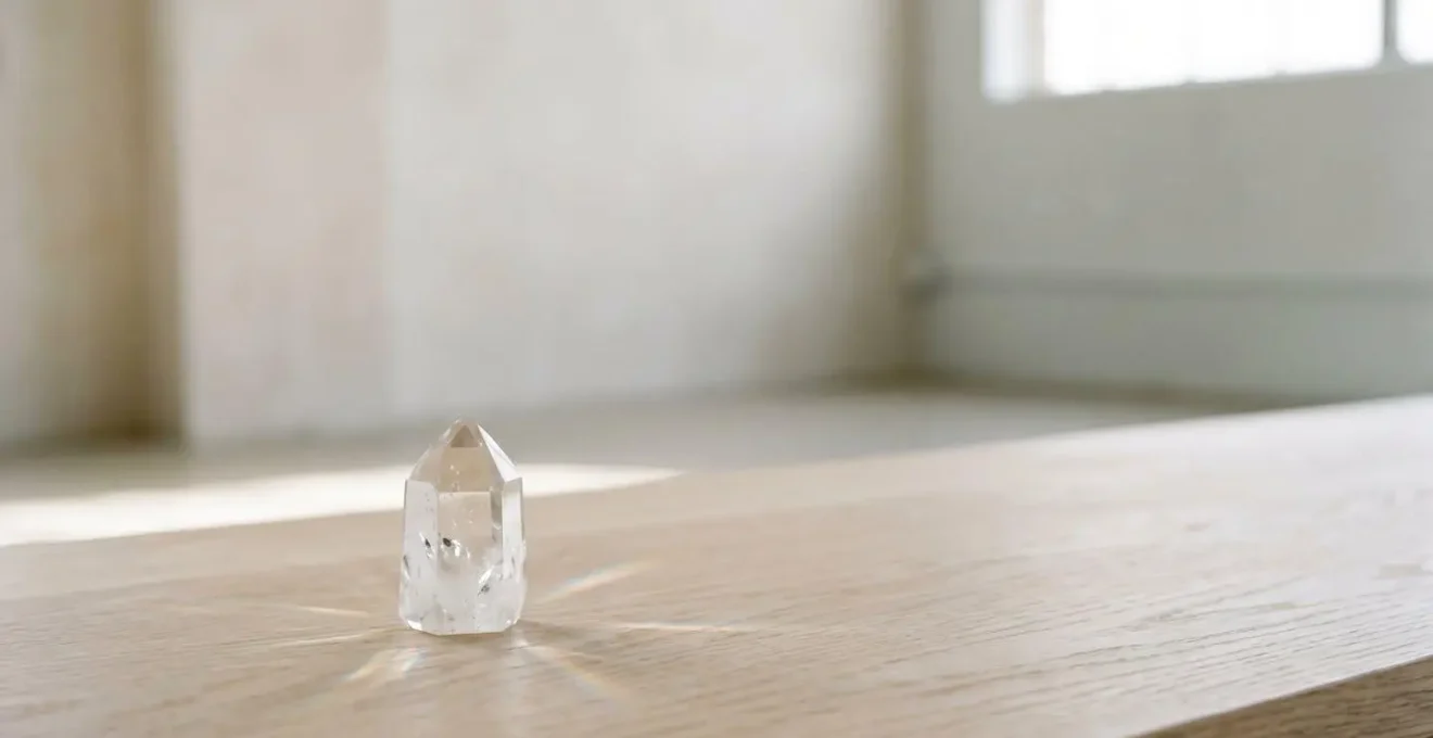 Cristal de roche transparent capturant et réfractant la lumière naturelle dans un environnement minimaliste