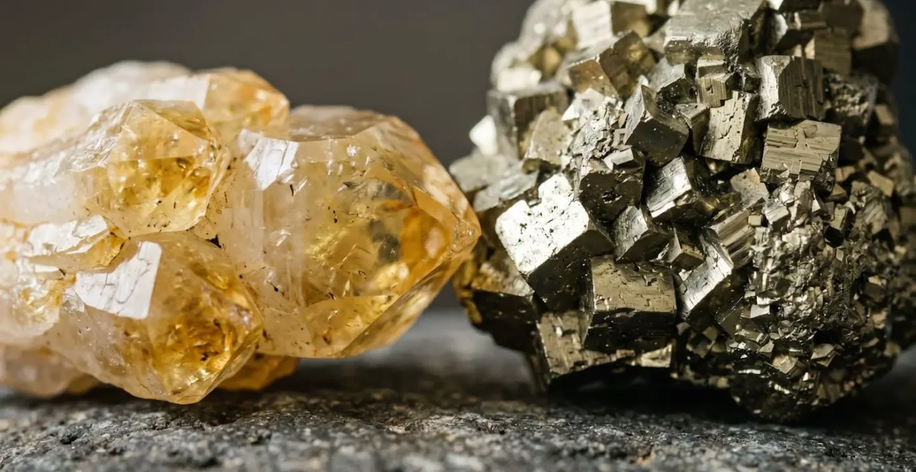 Gros plan macro sur les facettes et textures dorées de cristaux de citrine et pyrite révélant leurs structures uniques