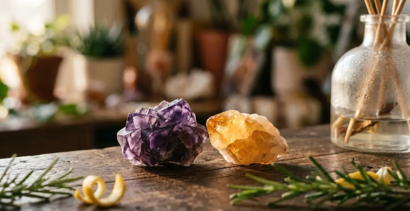 Pierres de fluorite violette et citrine dorée disposées harmonieusement près d'un diffuseur d'huiles essentielles sur un bureau de travail