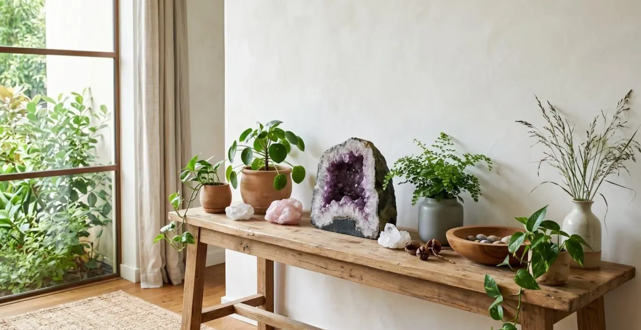 Vue d'ensemble d'un espace de vie minimaliste avec cristaux intégrés harmonieusement parmi plantes et éléments naturels
