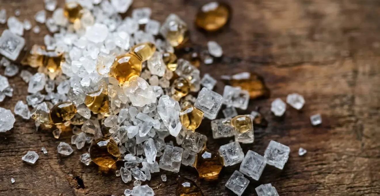 Préparation artisanale de gommage énergétique avec poudre de quartz, sel et huile végétale disposés sur surface naturelle