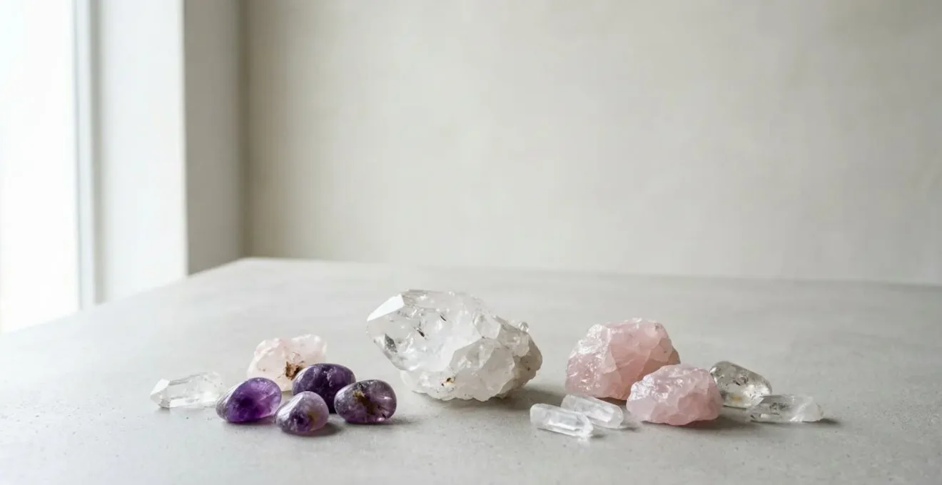 Composition minimaliste de cristaux bruts et polis sur fond neutre avec lumière naturelle douce