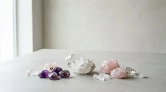 Composition minimaliste de cristaux bruts et polis sur fond neutre avec lumière naturelle douce
