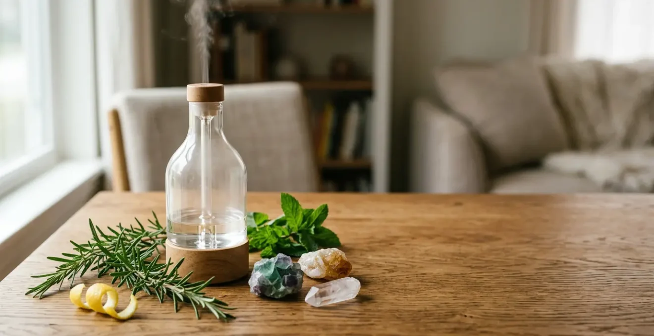 Diffuseur d'huiles essentielles en verre entouré de flacons d'essences botaniques et de pierres naturelles dans une ambiance lumineuse douce