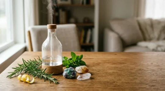 Diffuseur d'huiles essentielles en verre entouré de flacons d'essences botaniques et de pierres naturelles dans une ambiance lumineuse douce