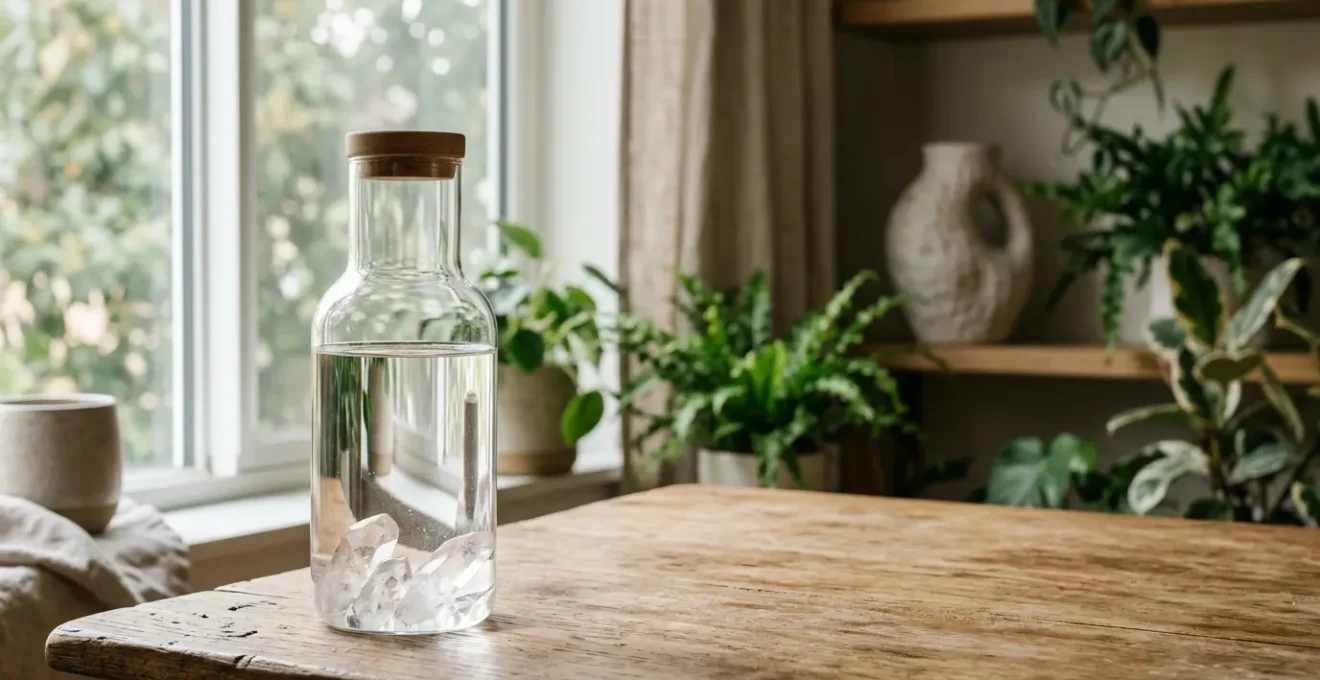 Carafe d'eau transparente avec cristaux de quartz immergés dans une lumière naturelle douce