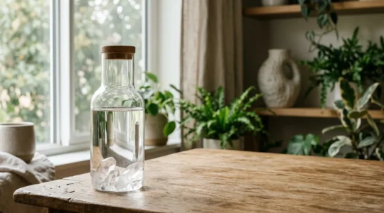 Carafe d'eau transparente avec cristaux de quartz immergés dans une lumière naturelle douce