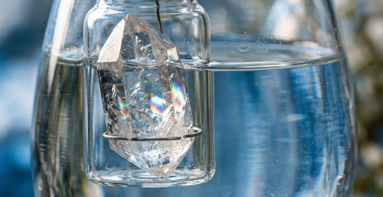 Gros plan macro sur un cristal de roche translucide dans un verre séparé immergé dans une carafe d'eau pure