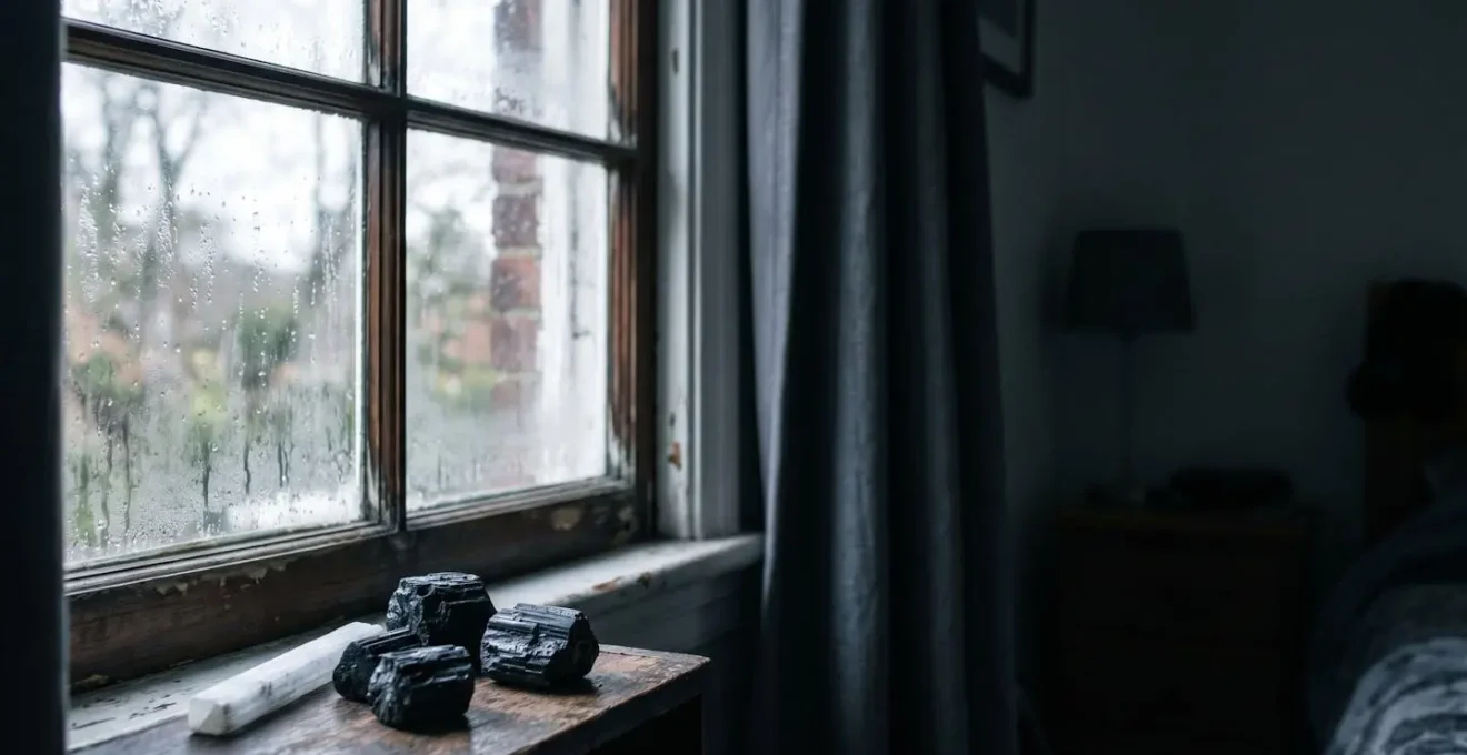 Représentation métaphorique de l'énergie stagnante dans une chambre fermée avec cristaux purificateurs