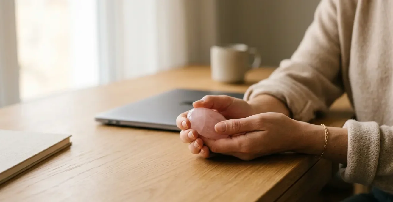 Professionnel serein pratiquant un rituel de pause bien-être avec une pierre naturelle au bureau