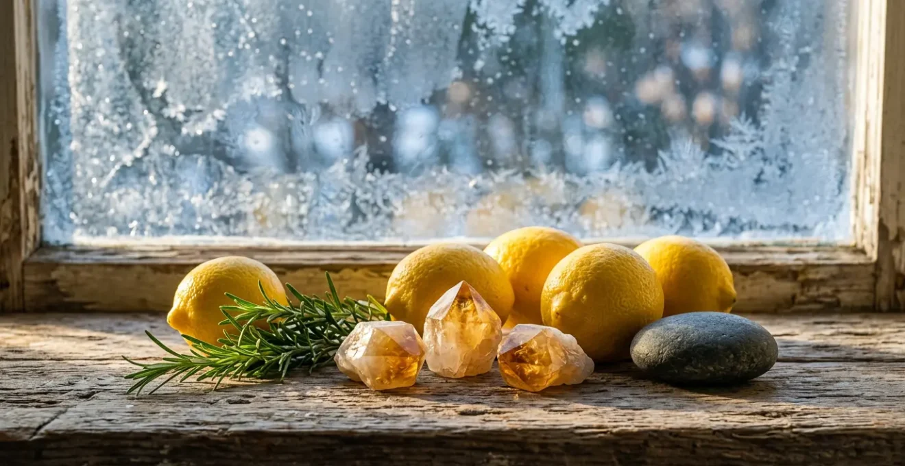 Ambiance lumineuse et énergisante évoquant la vitalité du citron et des cristaux pour contrer la léthargie hivernale
