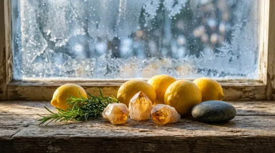 Ambiance lumineuse et énergisante évoquant la vitalité du citron et des cristaux pour contrer la léthargie hivernale
