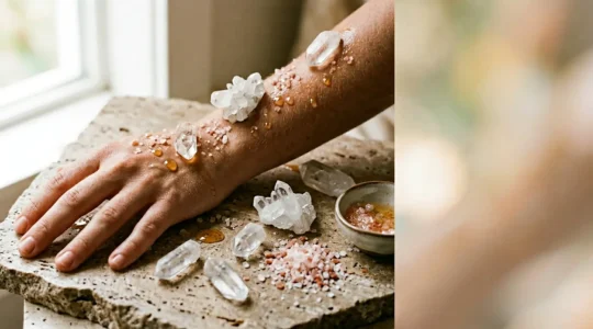 Rituel de gommage corporel aux cristaux de quartz pour purification énergétique et bien-être holistique