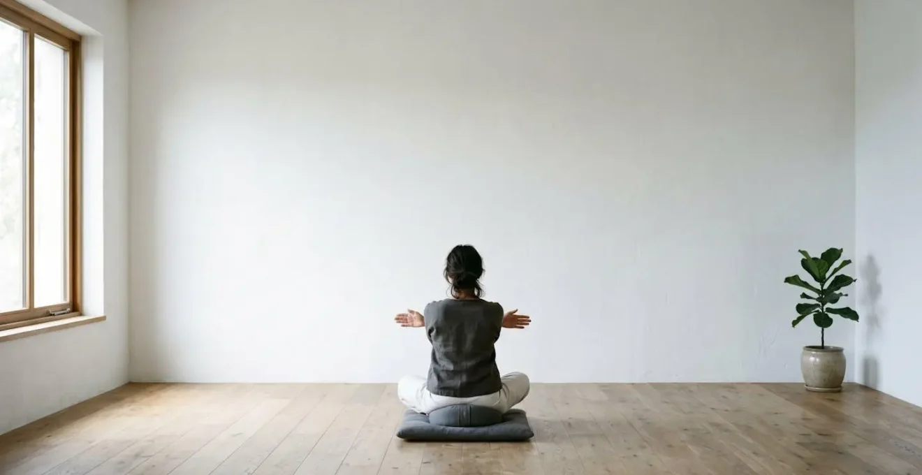 Geste méditatif de perception énergétique avec mains en position de sensibilité dans espace minimaliste