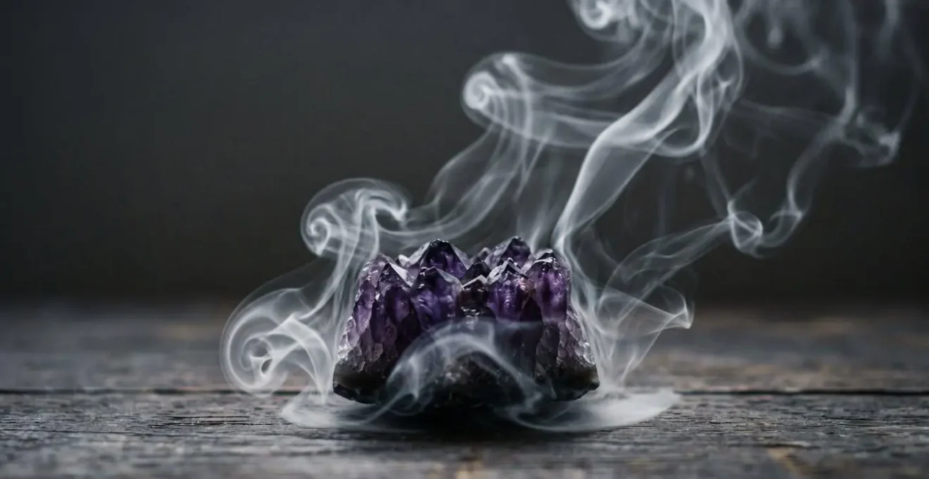 Fumée de sauge blanche enveloppant délicatement un cristal d'améthyste lors d'un rituel de purification énergétique