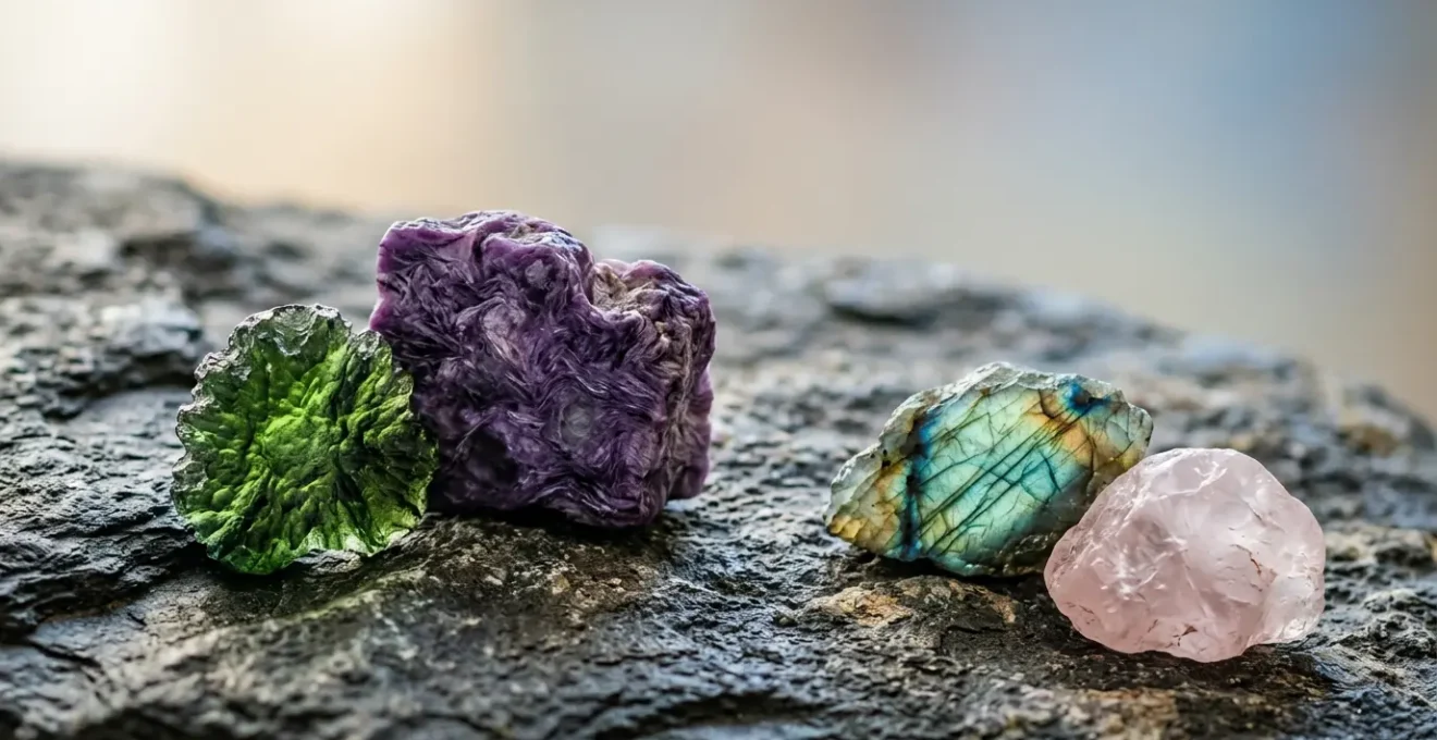 Collection de gemmes rares et cristaux énergétiques disposés sur surface naturelle minérale