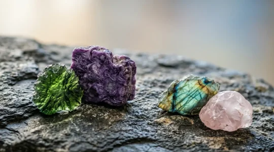 Collection de gemmes rares et cristaux énergétiques disposés sur surface naturelle minérale