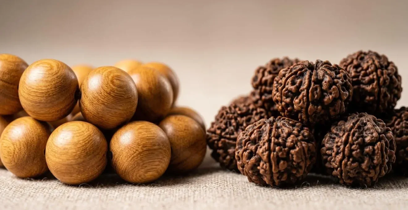 Vue macro détaillée révélant les textures contrastées de graines de bois de santal et de rudraksha sur fond naturel