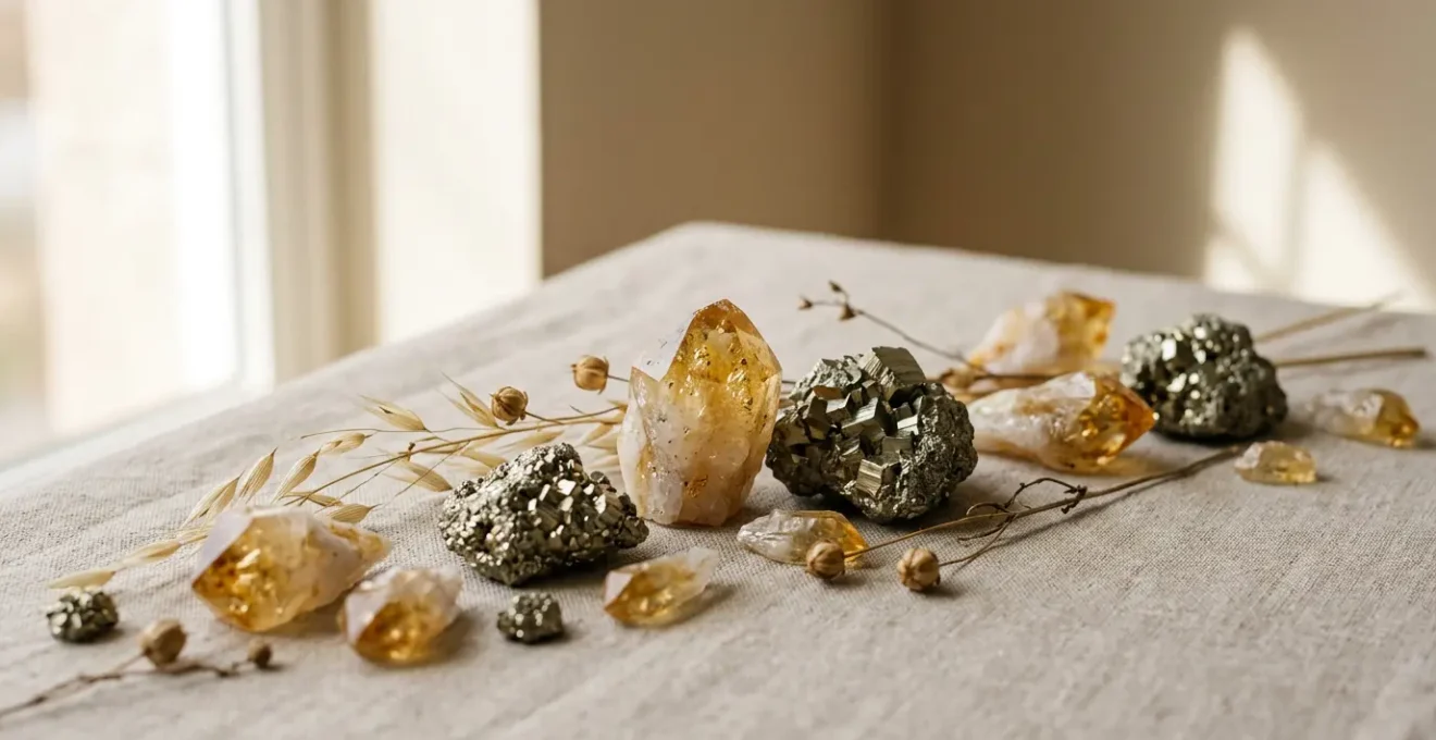 Composition minimaliste de pierres naturelles dorées et jaunes sur fond neutre évoquant l'énergie solaire et la transformation personnelle