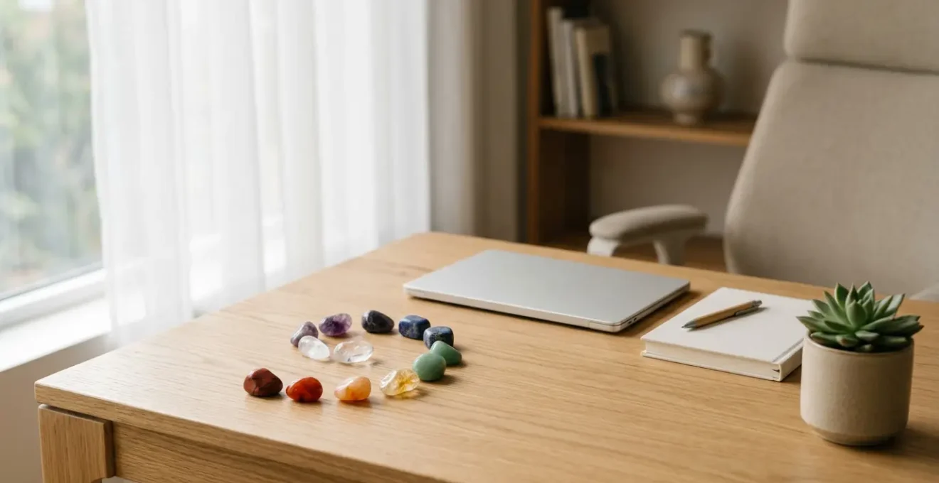 Composition minimaliste évoquant l'équilibre énergétique et le bien-être au travail avec pierres naturelles