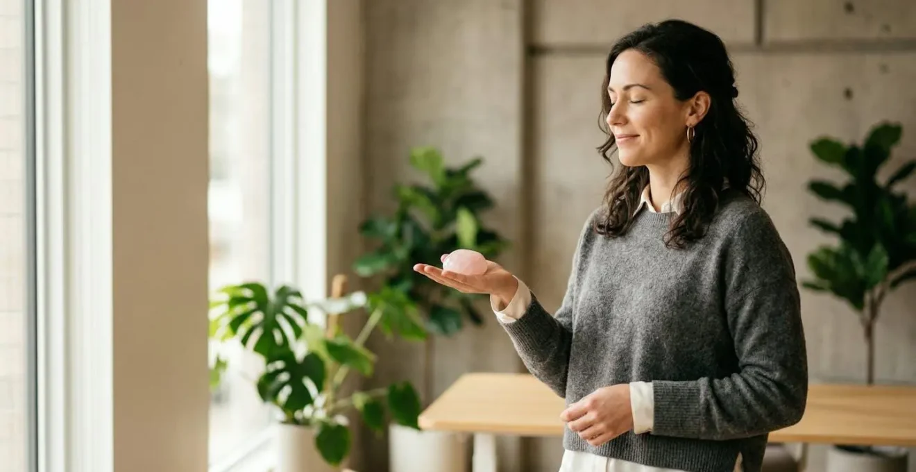 Personne tenant une pierre naturelle dans un environnement professionnel apaisant symbolisant l'équilibre bien-être et performance